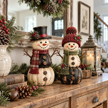 ☃️ Vintage Pumpkin Snowman Duo – Rustic Black & Ivory Farmhouse Christmas Figurines