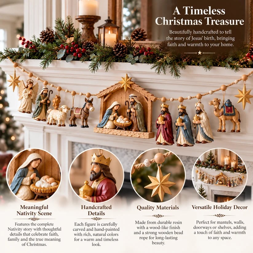 🌟 A Miracle Worth Remembering! 🎄 Wooden Nativity Garland – A Timeless Christmas Keepsake