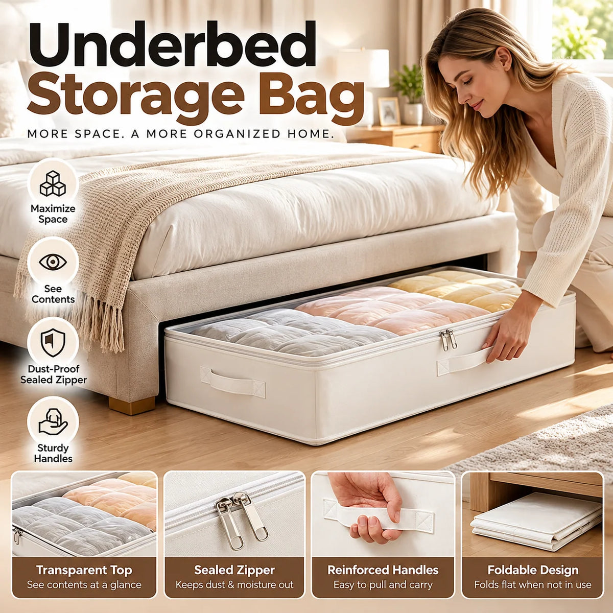 🧺 Foldable Underbed Storage Bag with Zipper Lid, Dustproof Under Bed Storage Container, Sturdy Handle for Clothes, Blankets, Bedding & Seasonal Items
