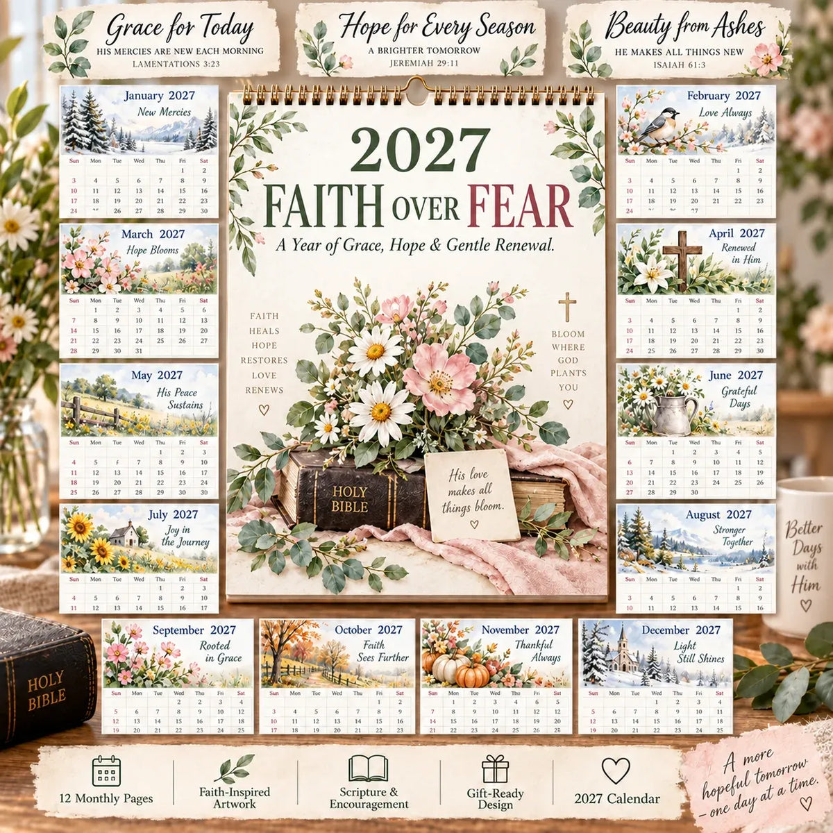 🔥🎁🌿2027 Faith Over Fear Desk Calendar✨