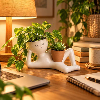 😴 The Lazy Lounger Ceramic Planter | The Desk Buddy Your Plants Deserve 🌿