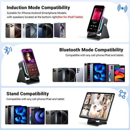 📱Wireless Induction Audio Speaker Stand, 5-in-1 Phone Stand, 1500mAh Rechargeable Emergency Power , 360° Adjustable Phone🔋