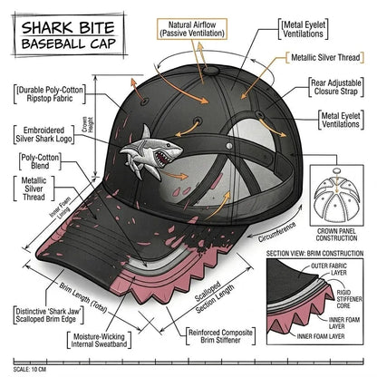🦈 Shark Bite Baseball Cap | Embroidered Shark • Bite-Shaped Frayed Brim