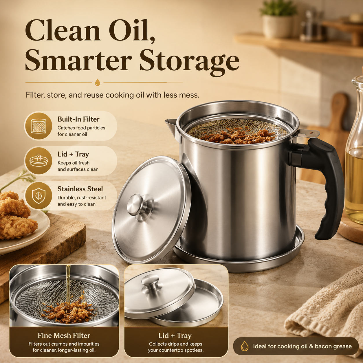 🔥 Hot Sale | Modern Kitchen Oil Dispenser with Tray & Lid