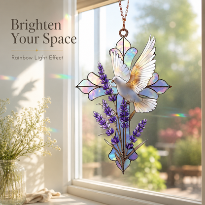 Dove and Lavender Cross Stained Style Suncatcher, Christian Window Hanging Memorial Gift