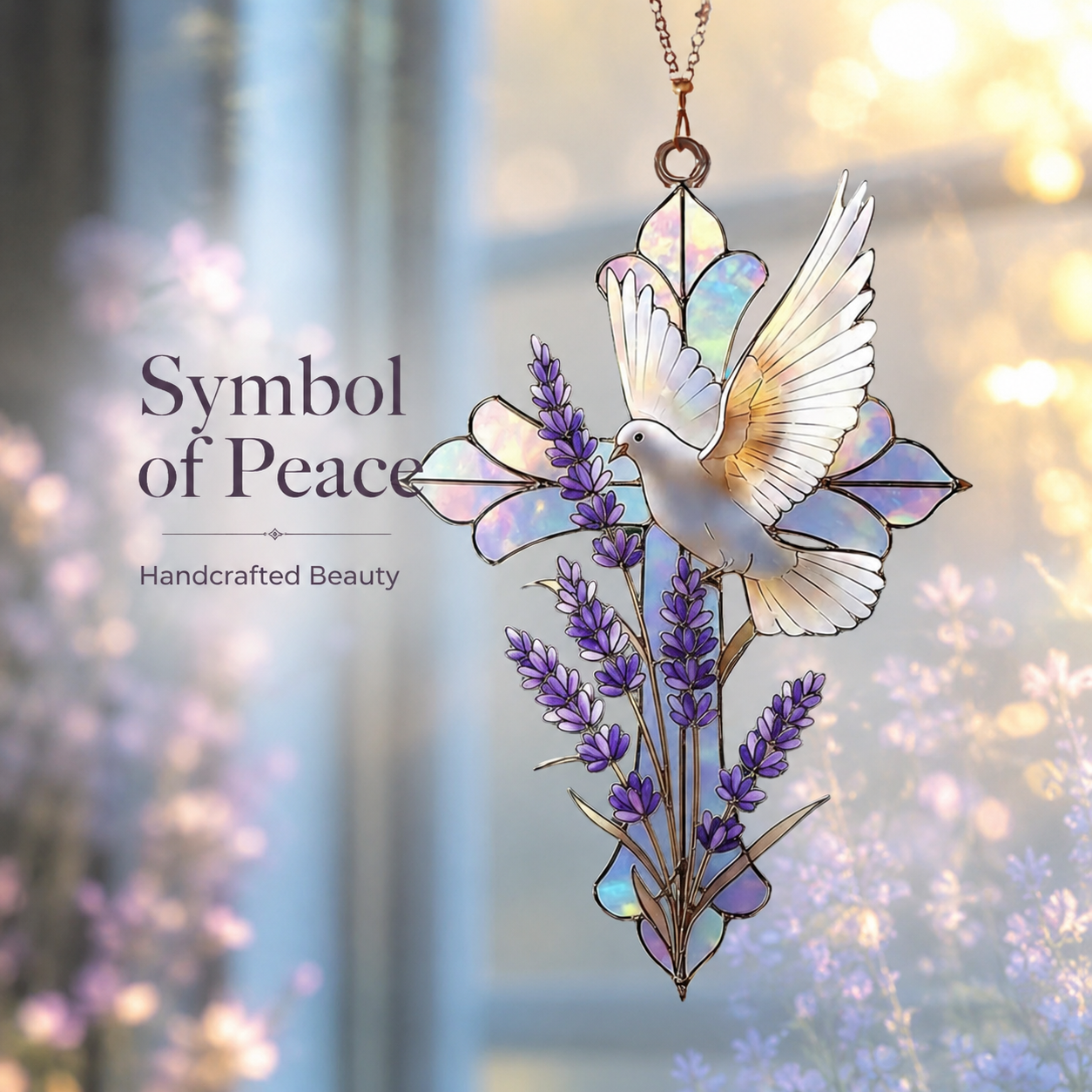 Dove and Lavender Cross Stained Style Suncatcher, Christian Window Hanging Memorial Gift