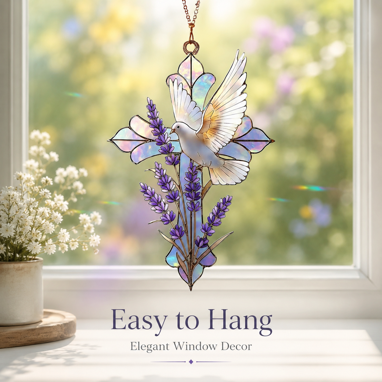 Dove and Lavender Cross Stained Style Suncatcher, Christian Window Hanging Memorial Gift