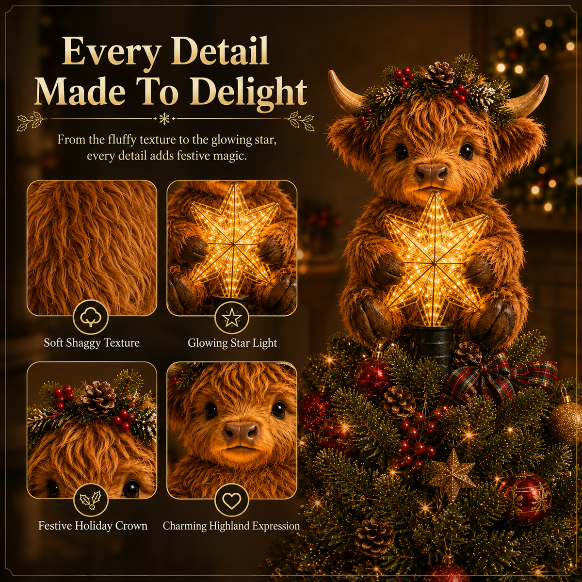 🎁Baby Highland Cow Glowing Star Tree Topper✨
