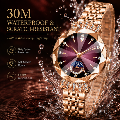 👑 Luxurious Rose Gold Crystal Quartz Watch – Diamond Cut Vintage Wristwatch✨