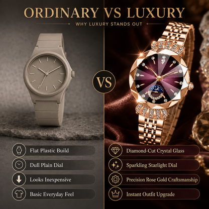 👑 Luxurious Rose Gold Crystal Quartz Watch – Diamond Cut Vintage Wristwatch✨