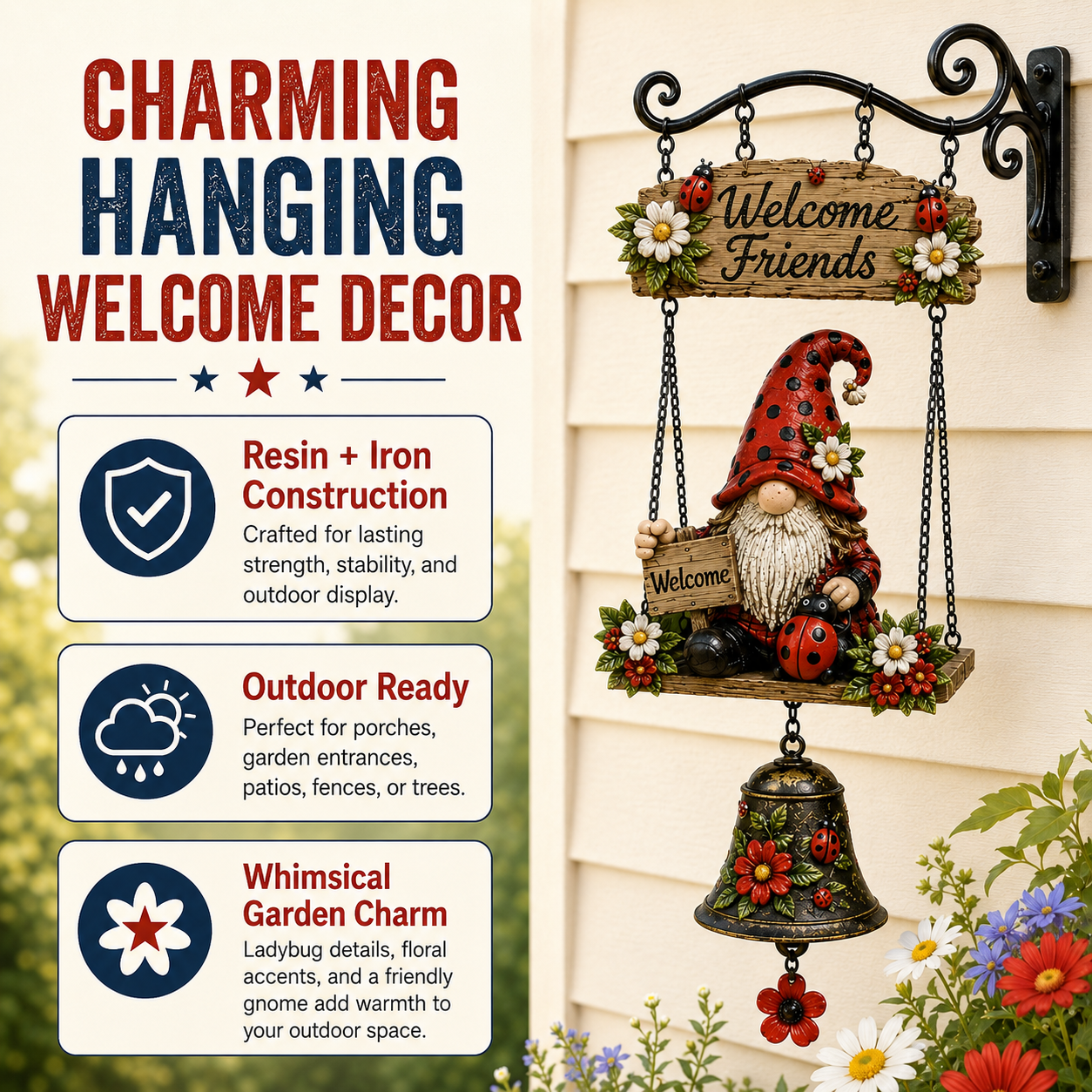 🔥 Rustic Garden Gnome Bell Outdoor Decor 🐞🌼