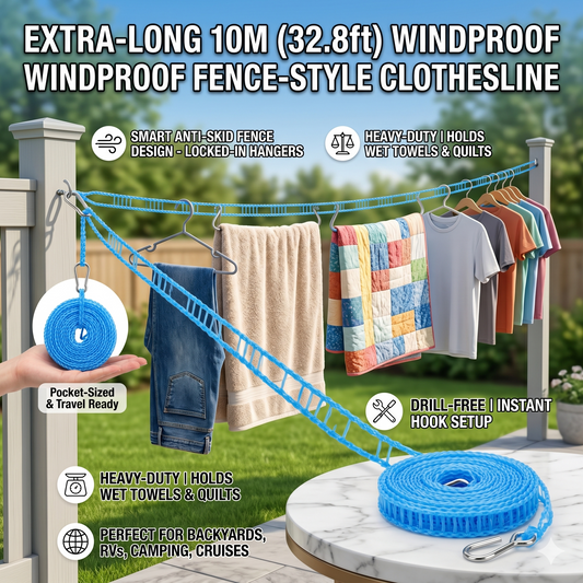 🧺Three colors✨ 10M (32.8ft) Portable Windproof Clothesline | Retractable Fence-Style Non-Slip Drying Rope with Hooks for Outdoor, Travel, Camping & Home