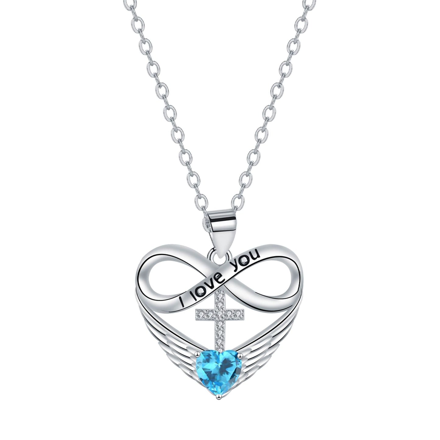 💖 I Love You Forever Heart Angel Wing Cross Necklace 💖