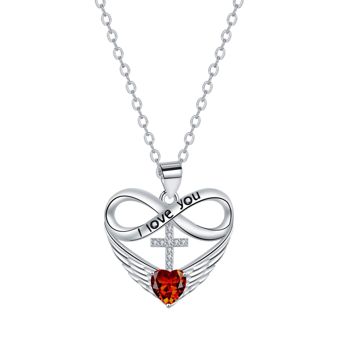 💖 I Love You Forever Heart Angel Wing Cross Necklace 💖