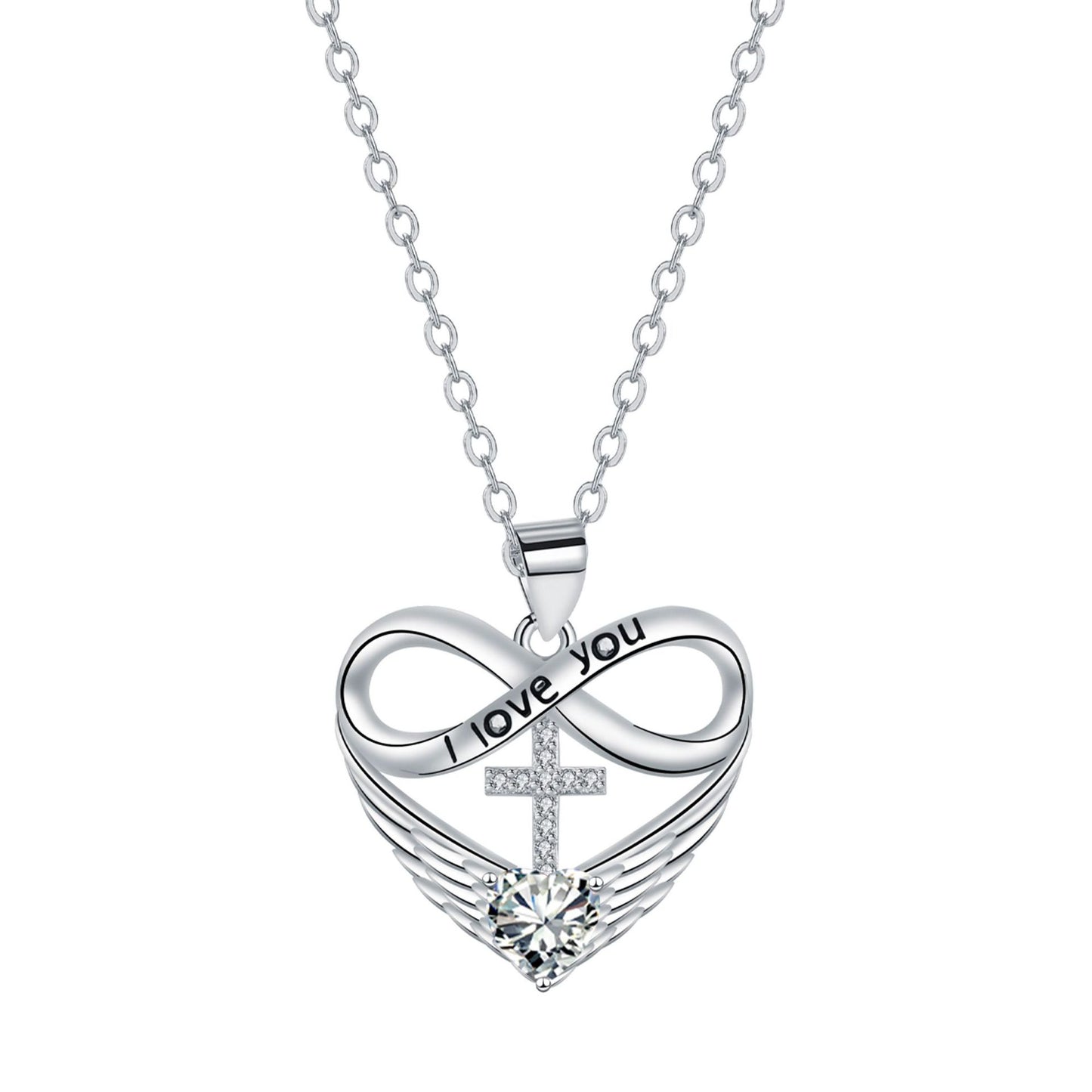 💖 I Love You Forever Heart Angel Wing Cross Necklace 💖