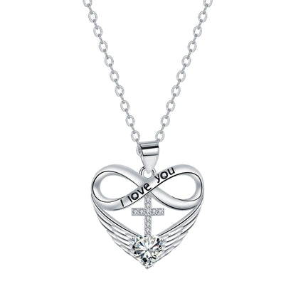 💖 I Love You Forever Heart Angel Wing Cross Necklace 💖