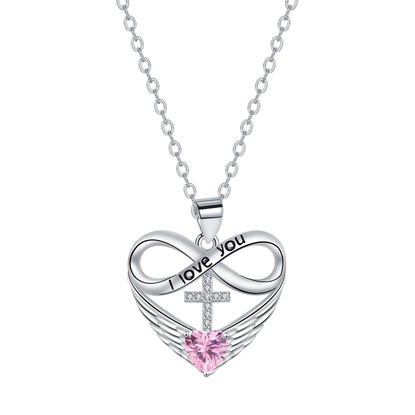 💖 I Love You Forever Heart Angel Wing Cross Necklace 💖