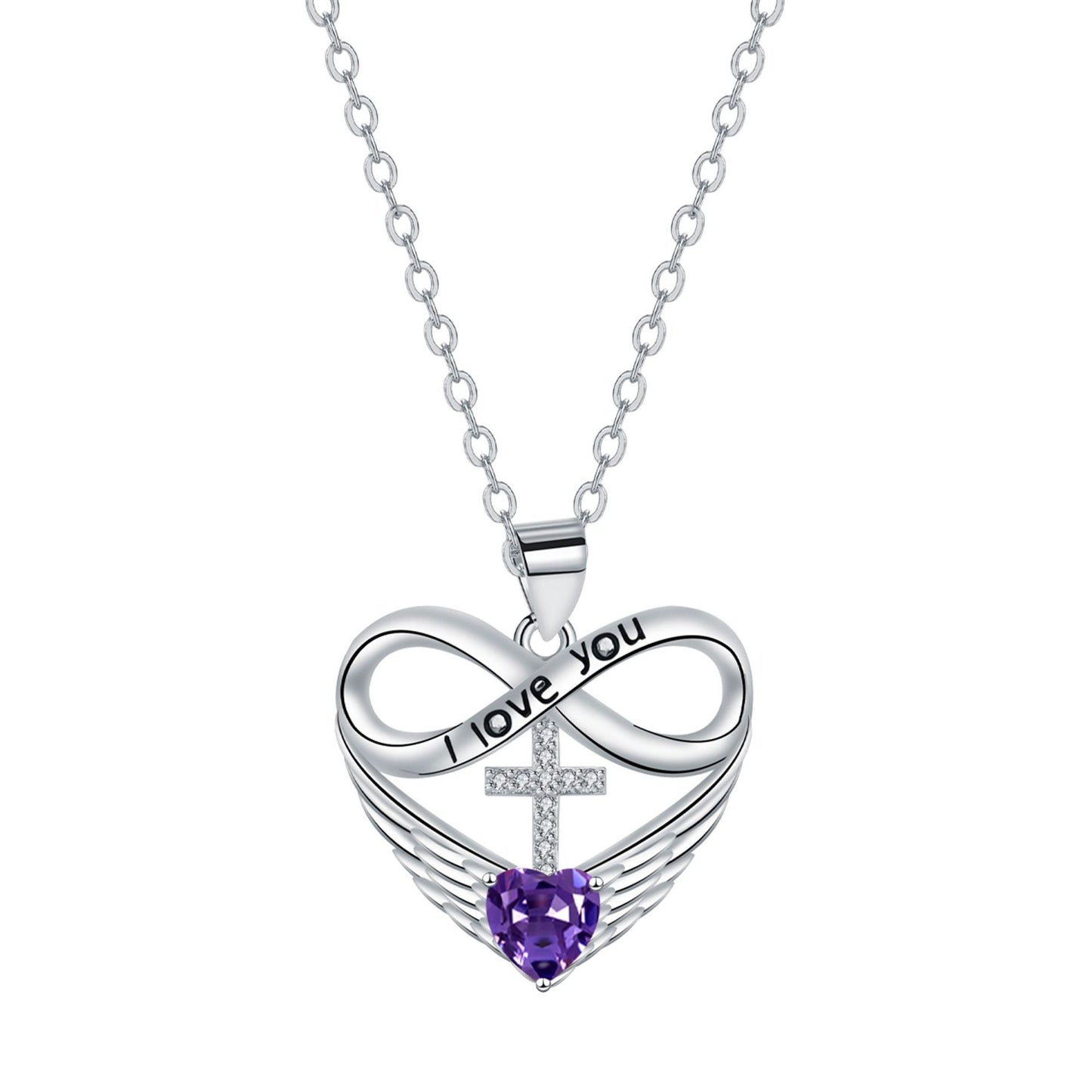 💖 I Love You Forever Heart Angel Wing Cross Necklace 💖