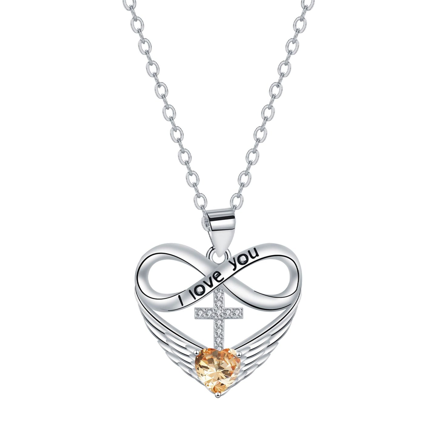 💖 I Love You Forever Heart Angel Wing Cross Necklace 💖