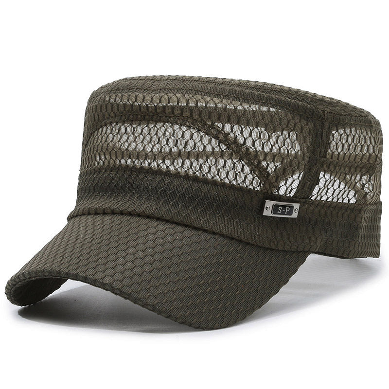Breathable Open-Mesh Flat-Top Cap – Adjustable Metal Buckle, Unisex Military Style Hat