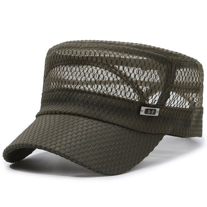Breathable Open-Mesh Flat-Top Cap – Adjustable Metal Buckle, Unisex Military Style Hat