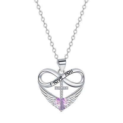💖 I Love You Forever Heart Angel Wing Cross Necklace 💖