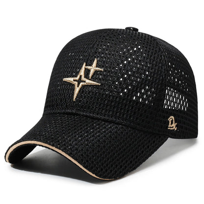 Full-Mesh Baseball Cap with Gold Star Embroidery — Breathable Summer Hat, 6 Colors