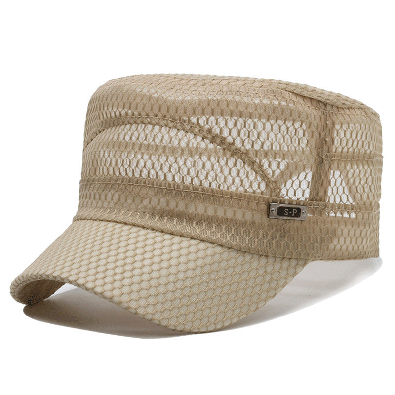 Breathable Open-Mesh Flat-Top Cap – Adjustable Metal Buckle, Unisex Military Style Hat