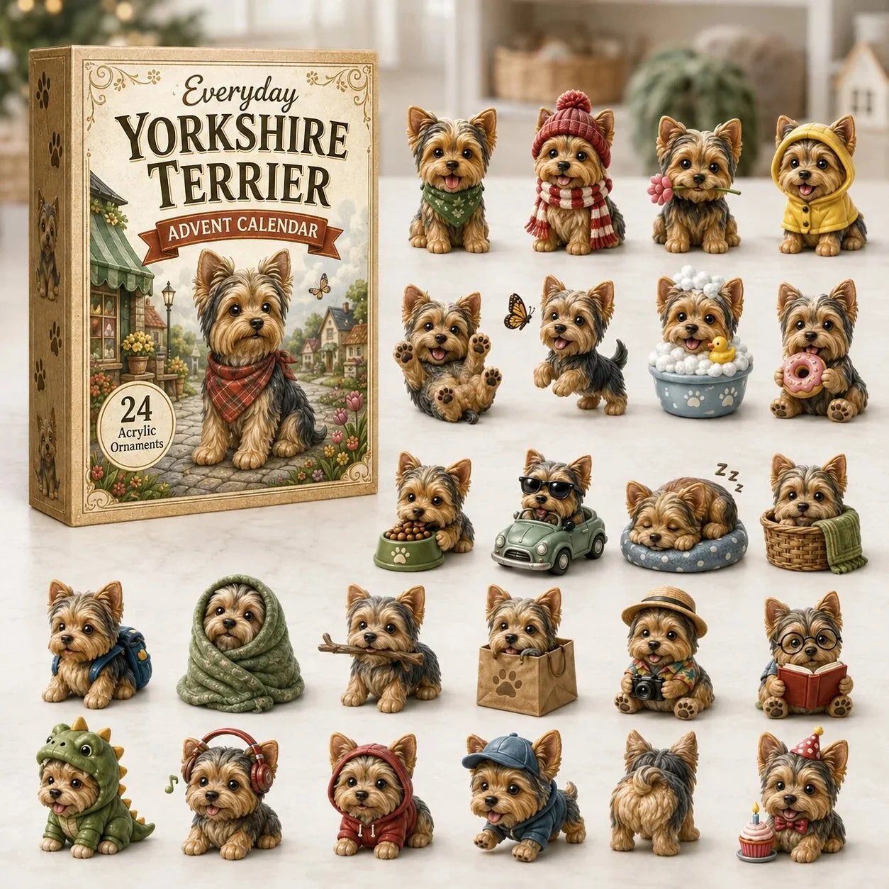 🎄💥Yorkshire Terrier Advent Calendar – 24 Unique Yorkie Acrylic Ornaments & Daily Christmas Surprises