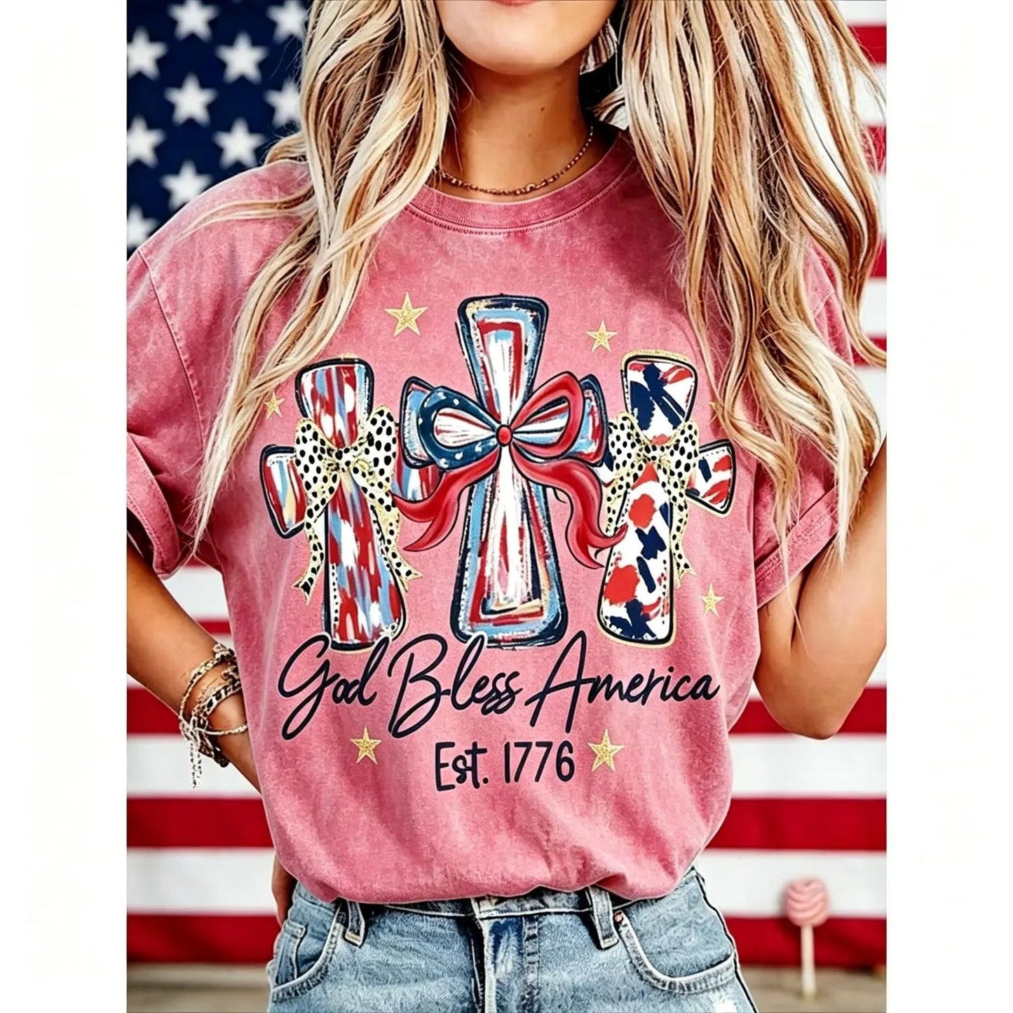 ⭐ God Bless America Women  T-Shirt - Vintage 250th Anniversary USA Gift Tee🎆