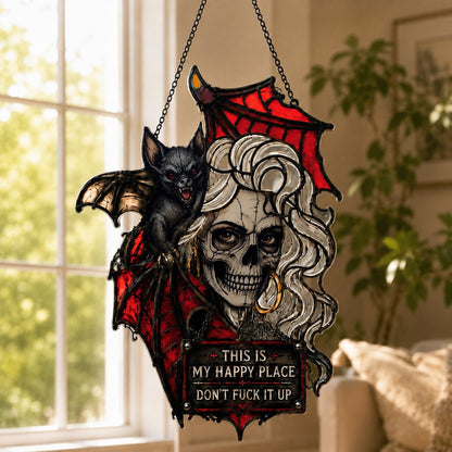 🦇💀Gothic Skull & Bat “My Happy Place” Hanging Art – Dark Humor Wall Decor