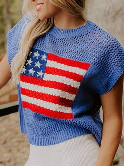 🔥Women's Flag Graphic Hollow Out Short Sleeve Top