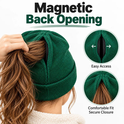 🧶 Magnetic Ponytail Beanie ❄️ – Cozy Knit Winter Hat for Messy Buns & Ponytails 💕
