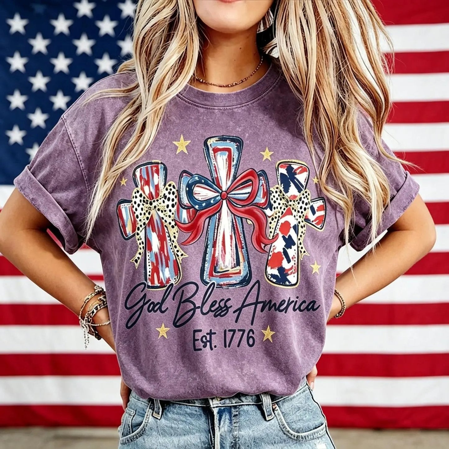 ⭐ God Bless America Women  T-Shirt - Vintage 250th Anniversary USA Gift Tee🎆