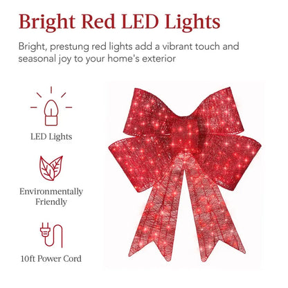 Pre-Lit Christmas Bow, Large Outdoor LED Lighted Holiday Décor w/ 8 Light Functions, Hook