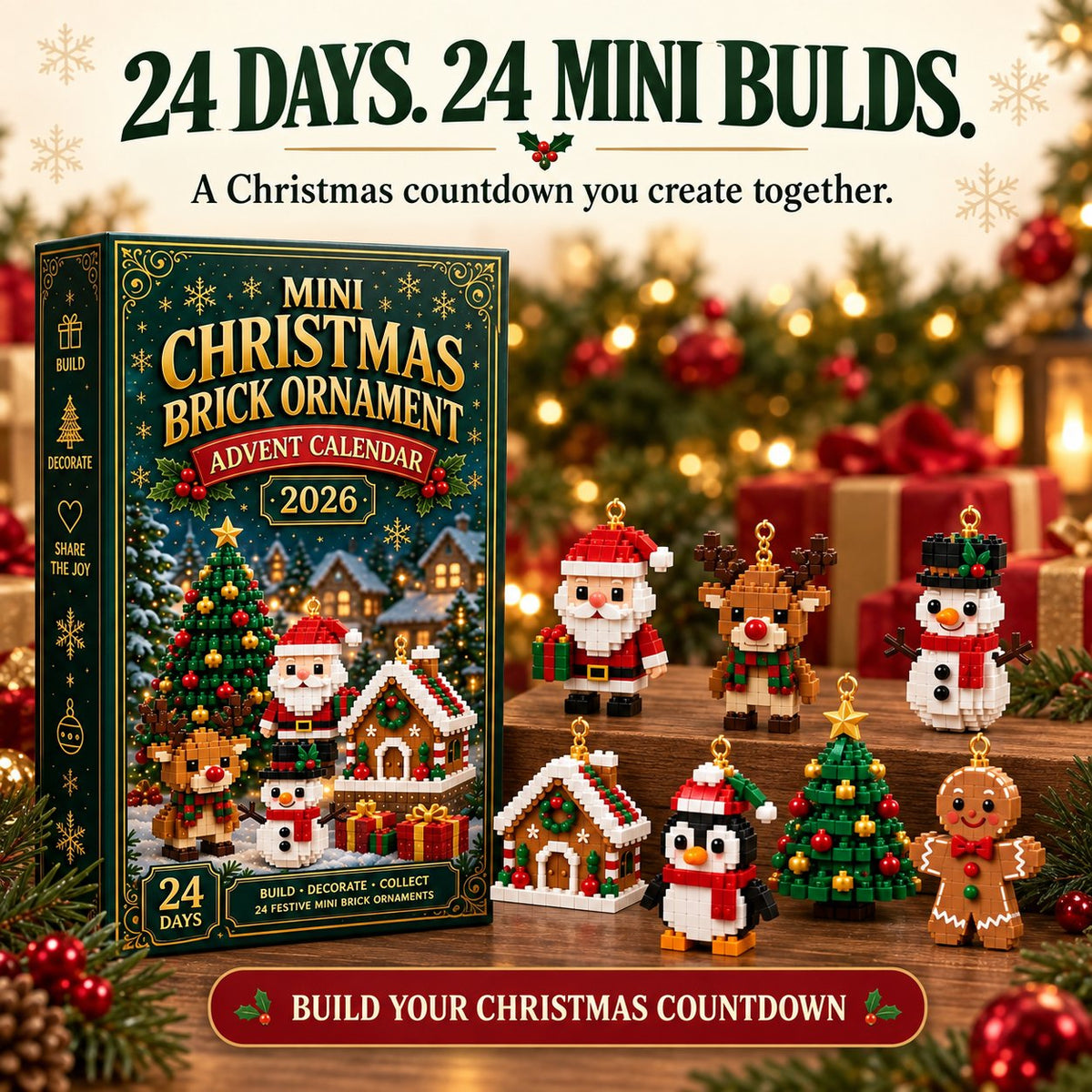 ⏳ Last Day 49% OFF – 🎄24-Day Mini Christmas Brick Ornament Advent Calendar | 24 Unique Buildable Holiday Designs with Hanging Loops for Trees, Garlands & Festive Displays 🧱