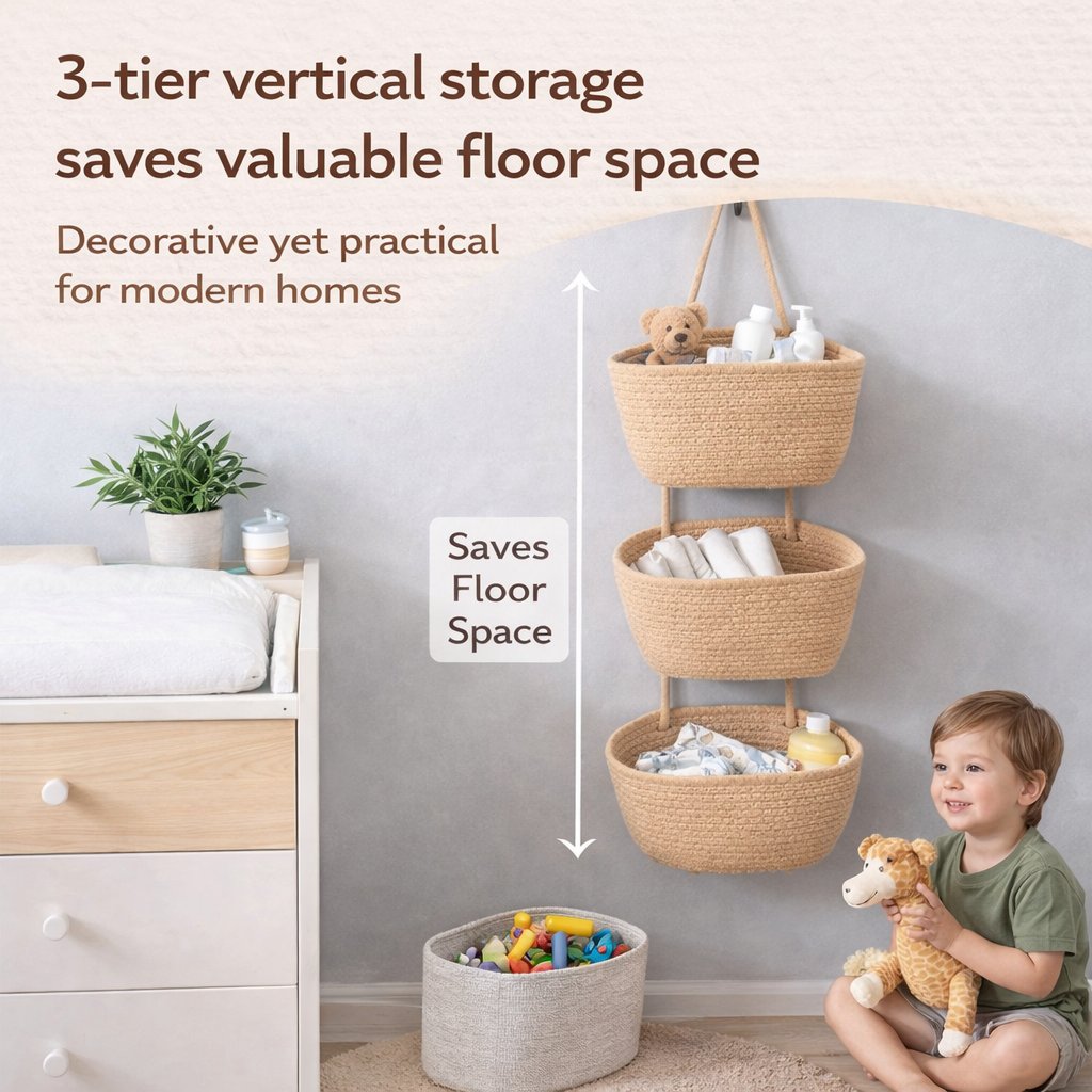 💥🏆Woven cotton 3-Tier Over the Door Basket, Wall-Mounted Jute Storage Organizer