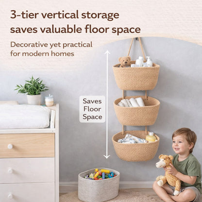 💥🏆Woven cotton 3-Tier Over the Door Basket, Wall-Mounted Jute Storage Organizer