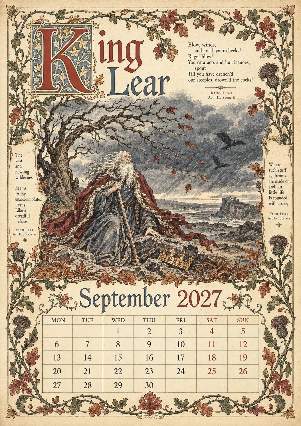 A Shakespearean Year 2027 – 12 Plays Through the Seasons | Vintage Illustrated Wall Calendar