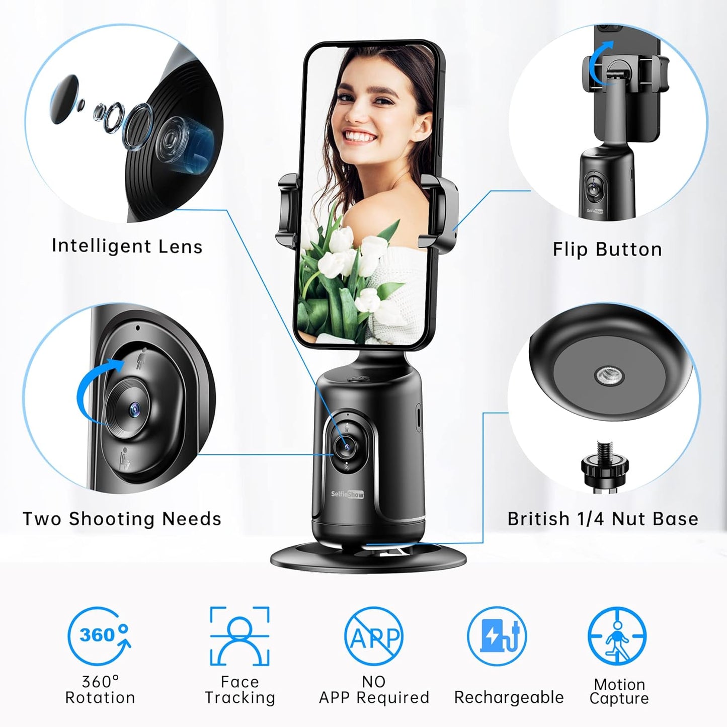 Smart Auto Face Tracking Phone Holder – Hands-Free 360° Rotation, No App Required for Video & Live Streaming