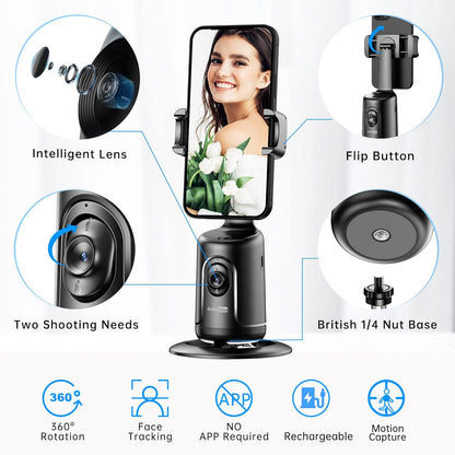 Smart Auto Face Tracking Phone Holder – Hands-Free 360° Rotation, No App Required for Video & Live Streaming