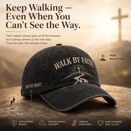 Walk By Faith cap with cross and inspirational Keep Walking scripture background