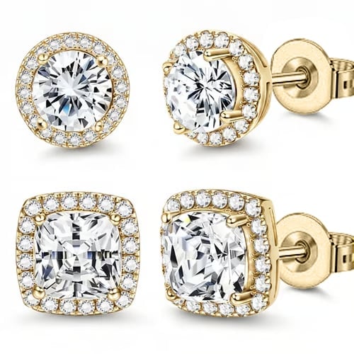 Halo Stud Earrings 4-Pack(Buy 1 get 1 free) - Gold & Silver Round/Square Styles