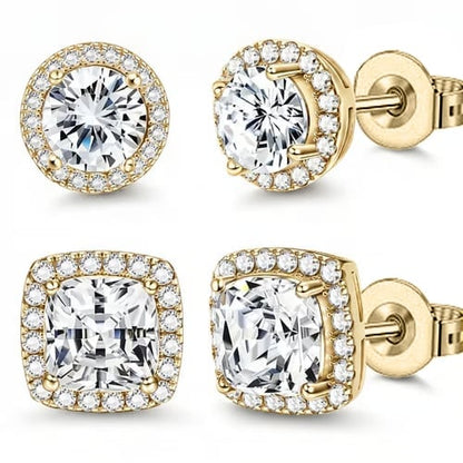 Halo Stud Earrings 4-Pack(Buy 1 get 1 free) - Gold & Silver Round/Square Styles