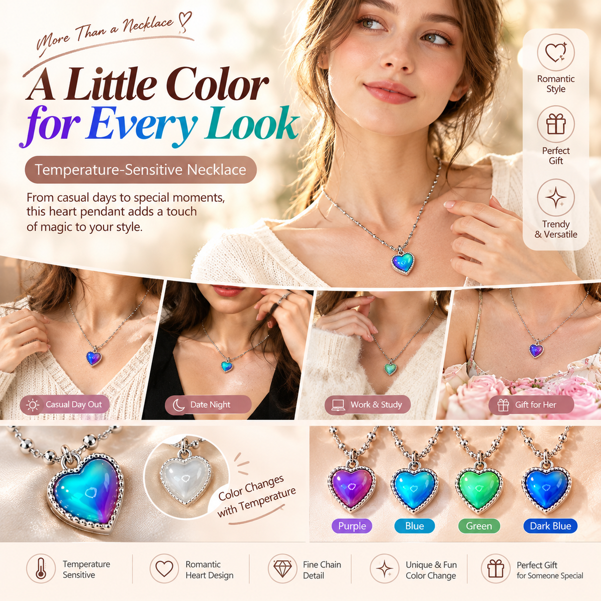 💖 Magic Color-Changing Heart Necklace – Temperature-Sensitive Mood Pendant, A Unique Romantic Gift for Her