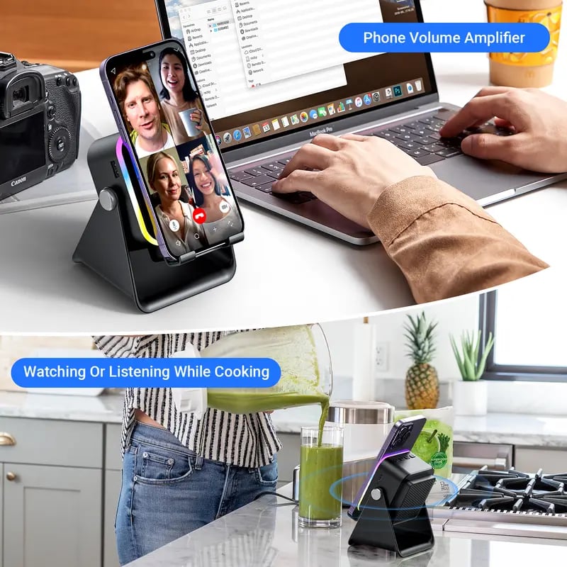 📱Wireless Induction Audio Speaker Stand, 5-in-1 Phone Stand, 1500mAh Rechargeable Emergency Power , 360° Adjustable Phone🔋
