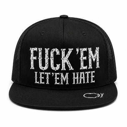 😂🛠️"FUCK EM" LET ’EM HATE Black Snapback Hat – Bold Side Print Mesh Trucker Cap, Flat Bill Streetwear Hat for Men & Women🧢
