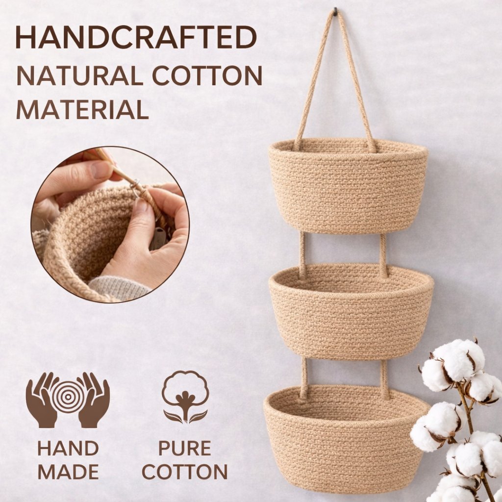 💥🏆Woven cotton 3-Tier Over the Door Basket, Wall-Mounted Jute Storage Organizer