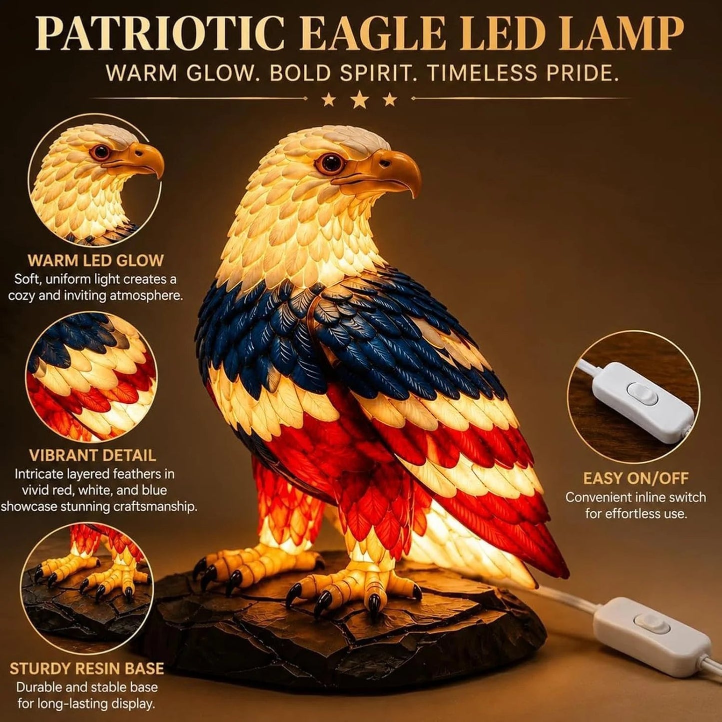 🦅🌙U.S. 250th Eagle Stained Glass Table Lamp✨