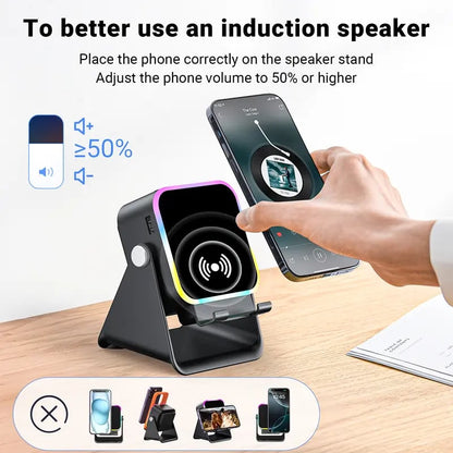 📱Wireless Induction Audio Speaker Stand, 5-in-1 Phone Stand, 1500mAh Rechargeable Emergency Power , 360° Adjustable Phone🔋